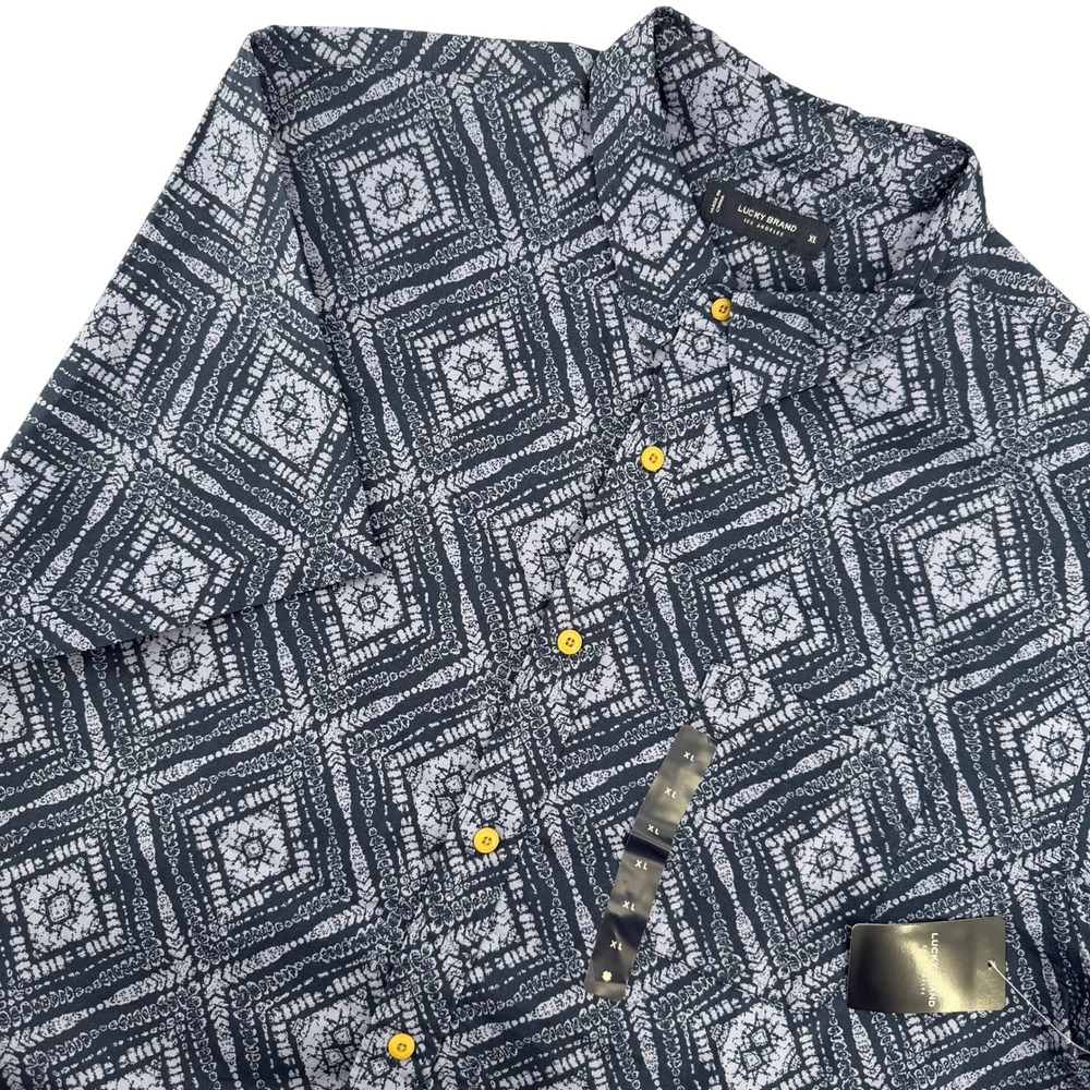 NWT Lucky Brand Button Down Shirt Mens XL Blue Geometric Diamond Short Sleeve